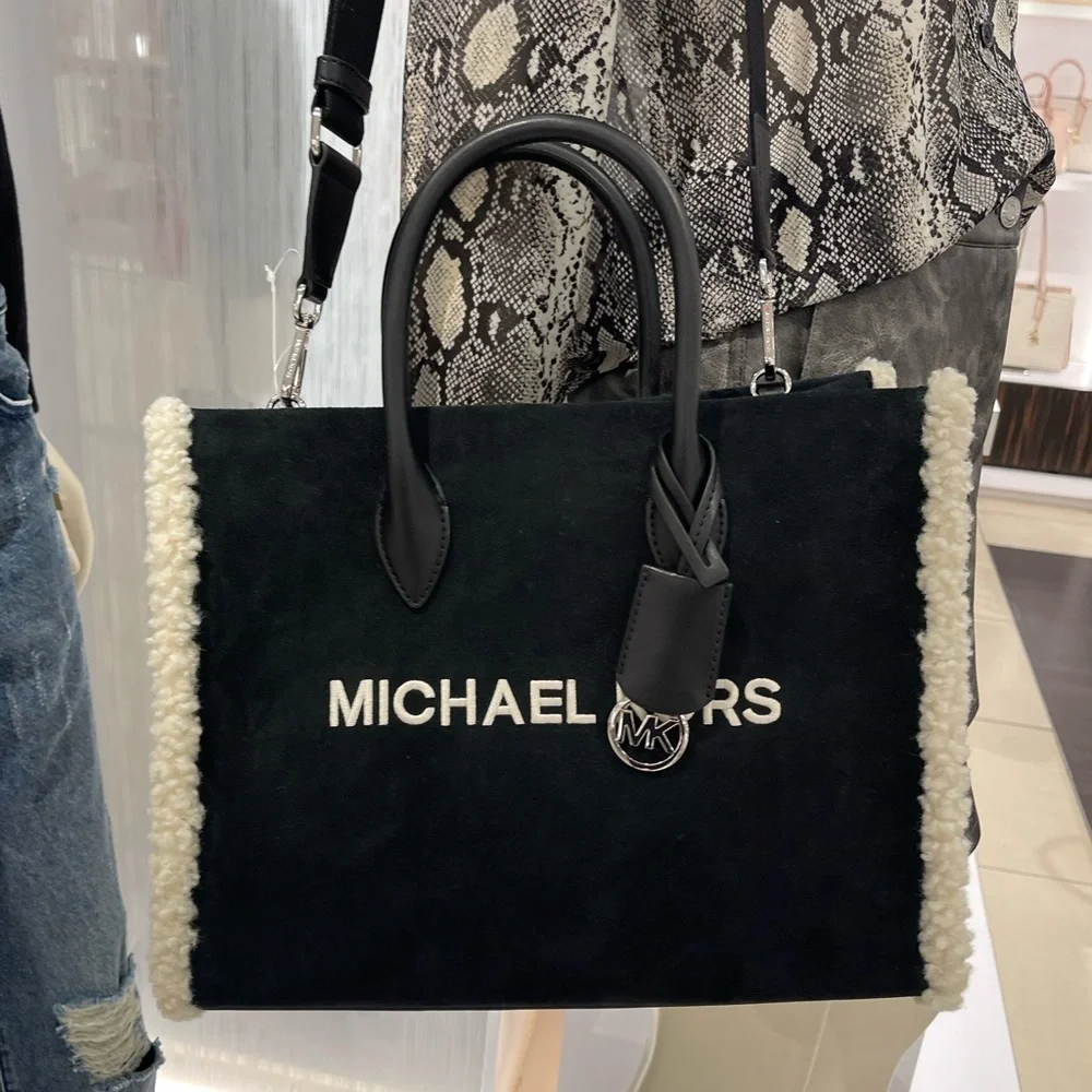 MICHAEL KORS Mirella Medium Suede and Faux Shearling Tote Bag Black  NWT